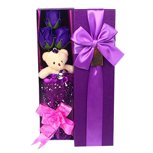 3 Scented Soap Roses Gift Box Valentine's Present in Purple