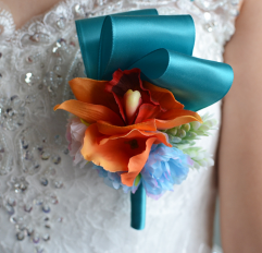 Orange Lily Boutonniere Flower with Blue Ribbon