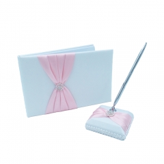 Double Heart Rhinestone Wedding Guest Book and Pen Set Pink