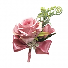 Lavender Rose Buds Bow Rhinestone Jewelry Boutonniere Pin