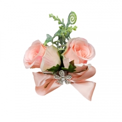 Pink Blush Rose Buds Rhinestone Jewelry Wrist Corsage