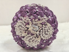 Sparkle Rhinestone Jewelry Bouquet - Satin Rose with Peacock Butterfly Brooches Wedding Flower (Purple)