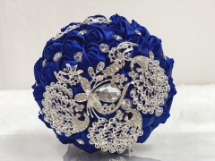 Sparkle Rhinestone Jewelry Bouquet - Satin Rose with Peacock Butterfly Brooches Wedding Flower (Royal Blue)