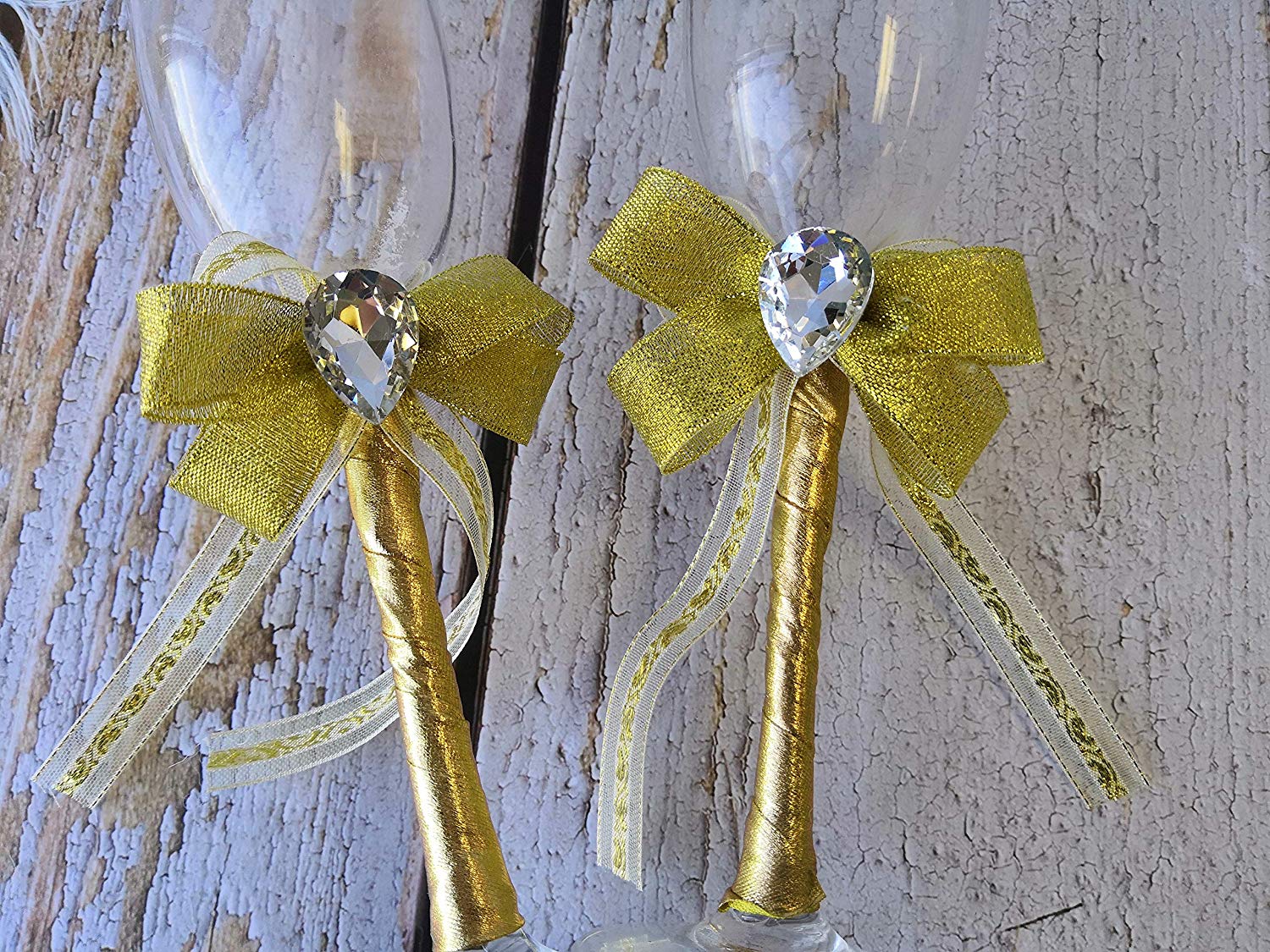Details about   Wedding Quinceanera Champagne Toasting Flute Glass Set with Gold Lace Bow Gift
