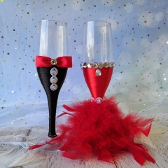 Wedding Champagne Toasting Flute - Red Feather Dress Black Suit Rhinestone