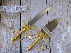 Cake Knife Server Set with Golden Tiara and Bow Decoration for Wedding Quinceanera, Cake tool Set of 2
