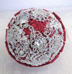 Satin Roses with Floral Butterfly Rhinestone Brooches Bride Wedding Flowers (Red)