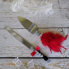 Wedding Cake Knife and Server Set - Red Feather Dress Black Suit