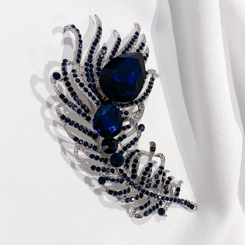 Navy Blue Zircon Rhinestone Pave Peacock Feather Shape Fashion Brooch on Wedding Bouquet