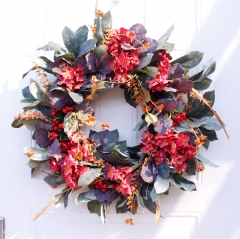 24" Artificial Fall Wreath - Red Hydrangea Series Berry Rustic Leaves Multicolor Floral Wreath