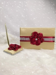 Wedding Guest Book and Pen Set in Gold Satin Cover with Burgundy Ribbon Flower Rhinestone Decor Luxury Satin Collection Party Favor Set (Burgundy+Gold