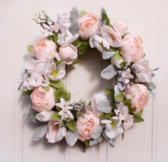 18" Peony Magnolia Wreath, Artificial Peony Flower Wreath Door Wreath with Green Leaves Spring Wreath for Front Door,Wedding,Wall, Home Decor (Pink)