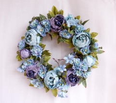 16 Inch Artificial Peony Flower Wreath Floral Front Door Wreath Spring Garland for Front Door Wall Wedding Party Office Home Decor (Blue)