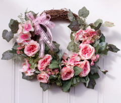 18” Rose Wreath Artificial Flower Blossom Garland Floral Wreaths for Front Door Wall Wedding Party Home Decor (Pink)