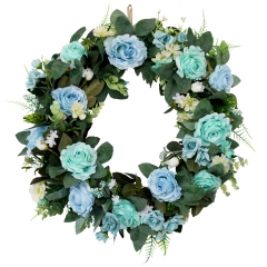 17" Handmade Floral Rose Daisy Wreath Garland with Green Leaves Berry for Home Wall Wedding Party Door Room Decor (Light Blue & Teal)