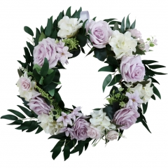 Artificial Lavender Rose Wreath 16 Inch Floral Front Door Wreath Spring Garland Wreath with Green Leaves for Home Front Door Wall Wedding Party Decora