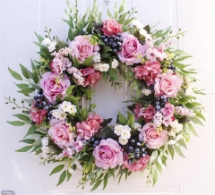22 inch Large Artificial Rose Wreath Handmade Floral Wreath with Berry and Green Leaves, Spring Summer Garland Wreath for Front Door Wall Wedding Part