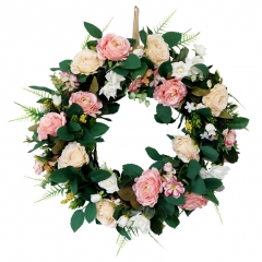 17" Handmade Floral Rose Daisy Wreath Garland with Green Leaves Berry for Home Wall Wedding Party Door Room Decor (Champagne & Blush Pink)