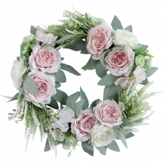 18” Pink Rose Flower Wreath Floral Garland Wreath with Green Leaves Artificial Spring Summer Wreath for Home Front Door Wall Wedding Party Decoration