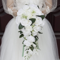 White Rose Cascading Bridal Bouquet - Waterfall Wedding Flower with Baby Breath Green Leaves Decoration