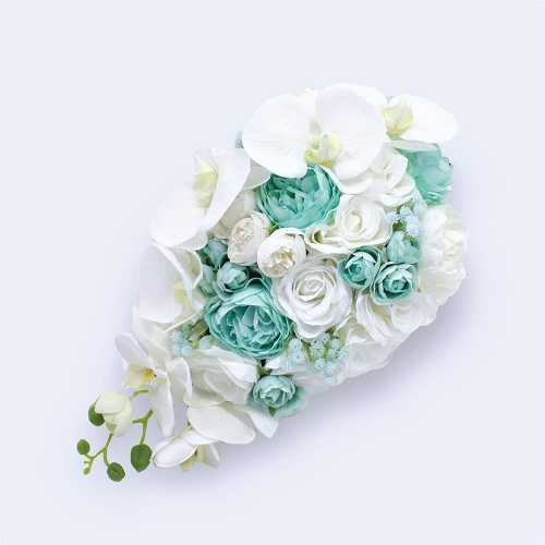 Wedding Cascading Bride Bouquets-Artificial Wedding Flower White Phalaenopsis Rose Bouquet with Mint Green Peony, Satin Ribbon Rhinestone Handle Decor
