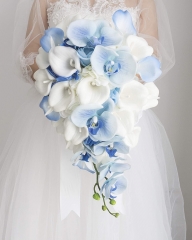 White Calla Lily and Blue Phalaenopsis Cascading Bride Bouquet Waterfall Wedding Flower with Rhinestone Satin Ribbon Décor (Bouquet)