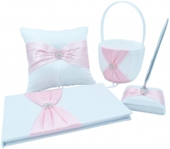 4 in All Wedding Guest Book + Pen Set + Flower Basket + Ring Pillow Rhinestone Party Favor-Pink
