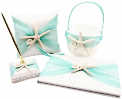 Peach Organza Bowknot Wedding Guest Book + Pen + Pen Stand + Ring Pillow + Flower Basket Set Romantic Beach Wedding Party Favor-Green