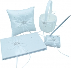 Double Heart Rhinestone Wedding Guest Book + Pen Set + Flower Basket + Ring Pillow Ribbon Bowknot Décor Party Favor-Milk White