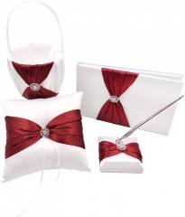 4 in All Wedding Guest Book + Pen Set + Flower Basket + Ring Pillow Rhinestone Party Favor-Burgundy