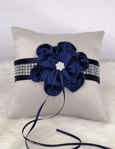 Flower Ring Bearer Pillow in Silver Satin Cover with Navy Blue Ribbon Flower