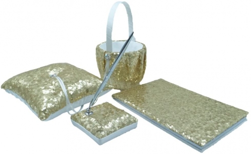 Sequin Glitter Wedding Guest Book + Pen Set + Flower Basket + Ring Bearer Pillow Rhinestone Décor Wedding Party Favor-Gold